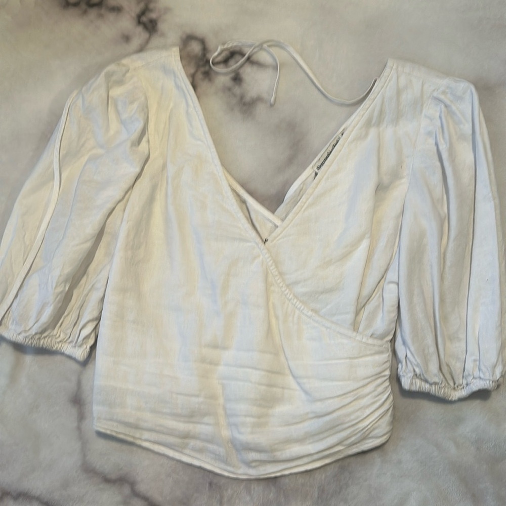 White linen wrap top